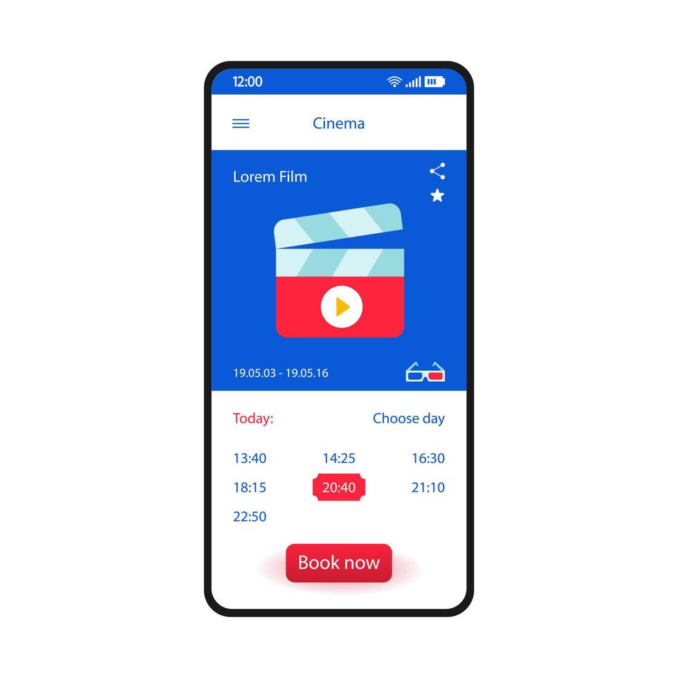 Booking tickets smartphone interface vector template. Mobile app page blue design layout. Cinema booking ticket screen. Flat UI for movie theater application. Buy film tickets online. Phone display