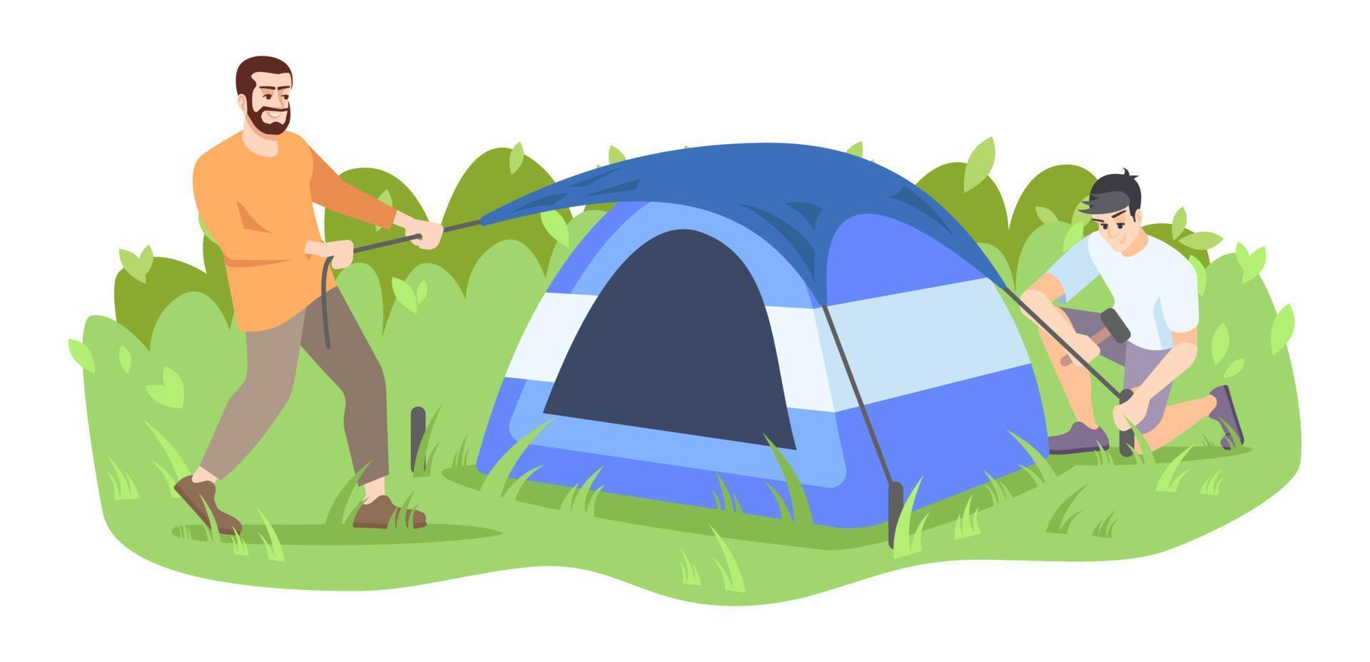 Men setting up camp flat vector illustration. Friends, campers, father and son cartoon characters. Summer activity, outdoor adventure. Tent installation process isolated on white background