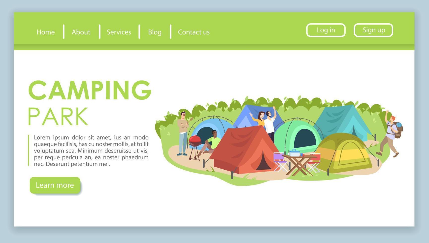 Camping festival landing page vector template. Travel bureau website interface idea with flat illustrations. Summer outdoor tourism homepage layout. Tent park web banner, webpage cartoon concept