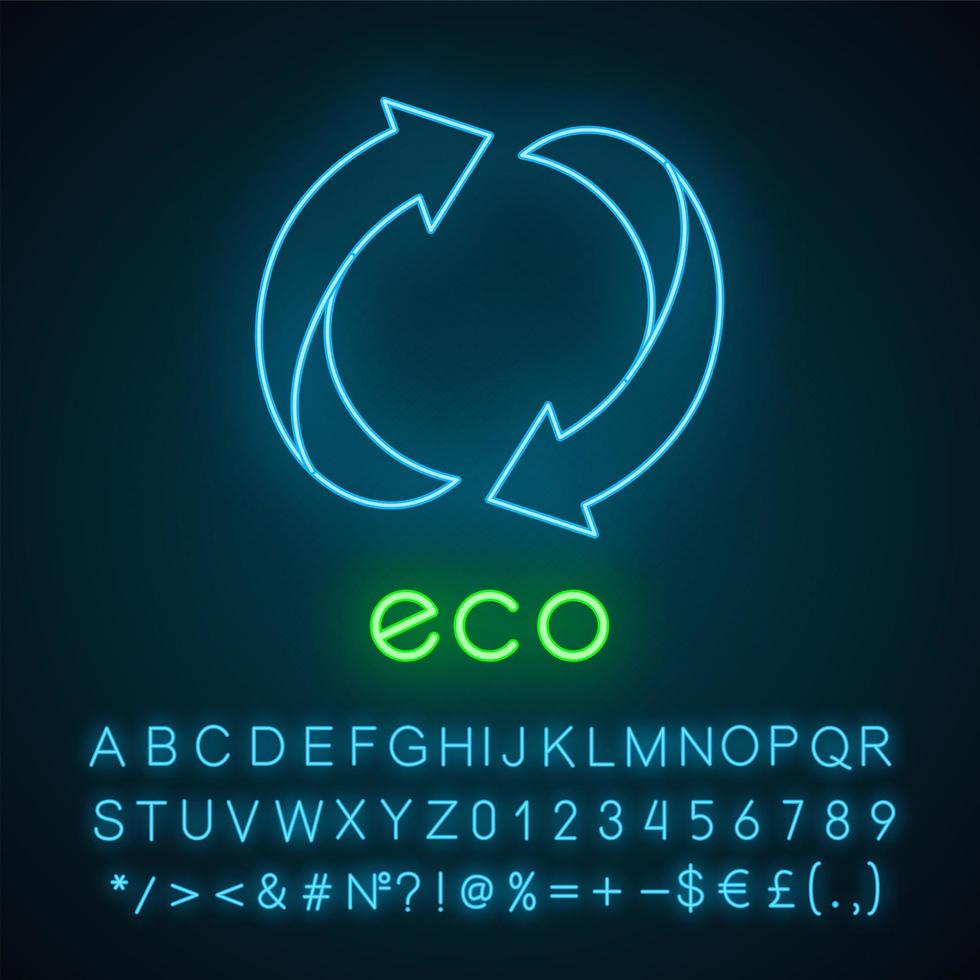 Eco label neon light icon. Two rounded arrow signs. Recycle symbol. Alternative energy. Environmental protection sticker. Glowing sign with alphabet, numbers and symbols. Vector isolated illustration