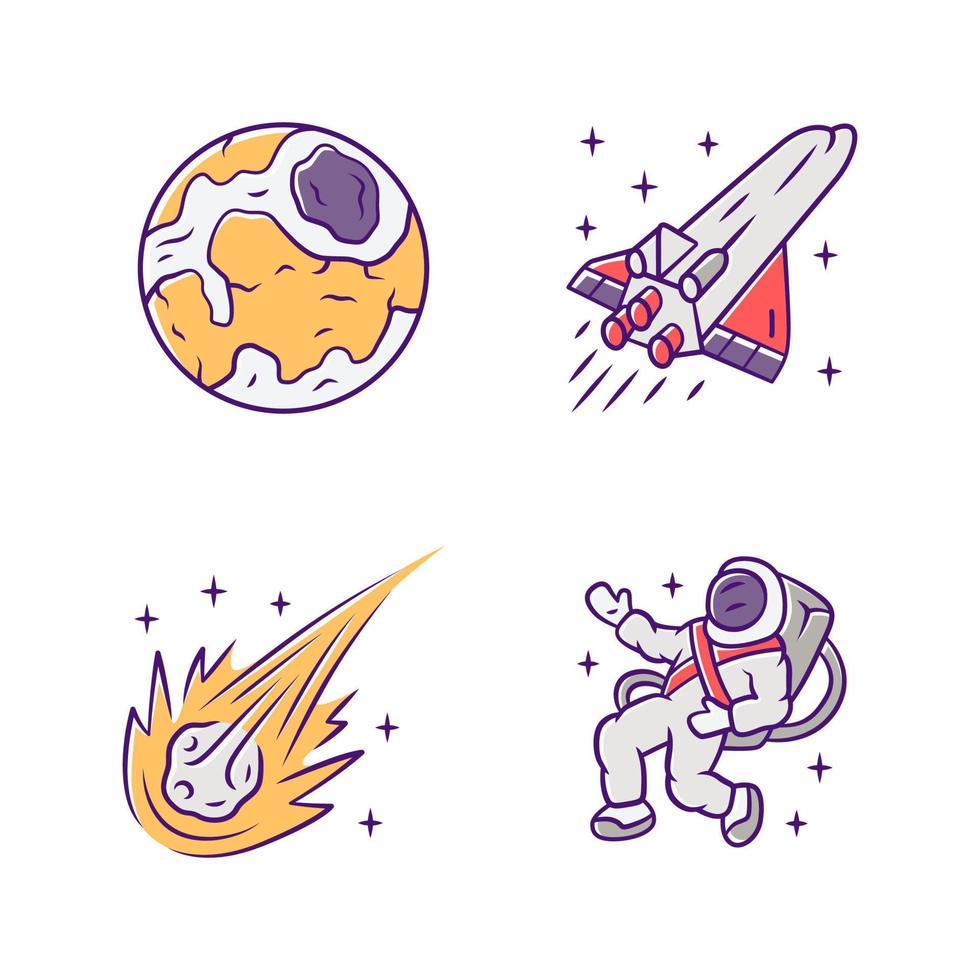 Astronomy color icons set. Space exploration. Earth, spaceship, comet, astronaut. Astrophysics. Galaxy research, observation. Interstellar travel. Cosmic mission. Isolated vector illustrations