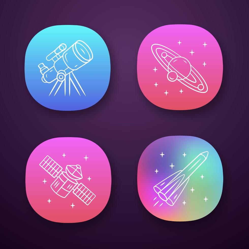 conjunto de iconos de aplicaciones de astronomía. exploración espacial. telescopio, sistema solar, satélite artificial, cohete. astrofísica. interfaz de usuario ui ux. aplicaciones web o móviles. Ilustraciones de vectores aislados