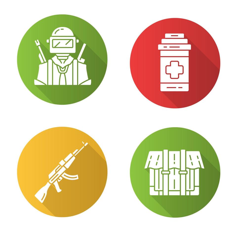 Online game inventory flat design long shadow glyph icons set. Player with gun, painkiller, weapon, riffle, package. Shooter game equipment, items. Battle royale. Vector silhouette illustration