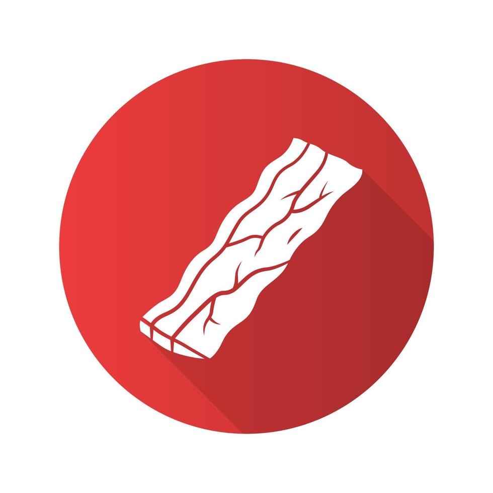 Bacon flat design long shadow glyph icon. Butchers meat. Roasted sowbelly. Piece of lard. Yummy rasher. Meat production and sale. Butchery business. Vector silhouette illustration