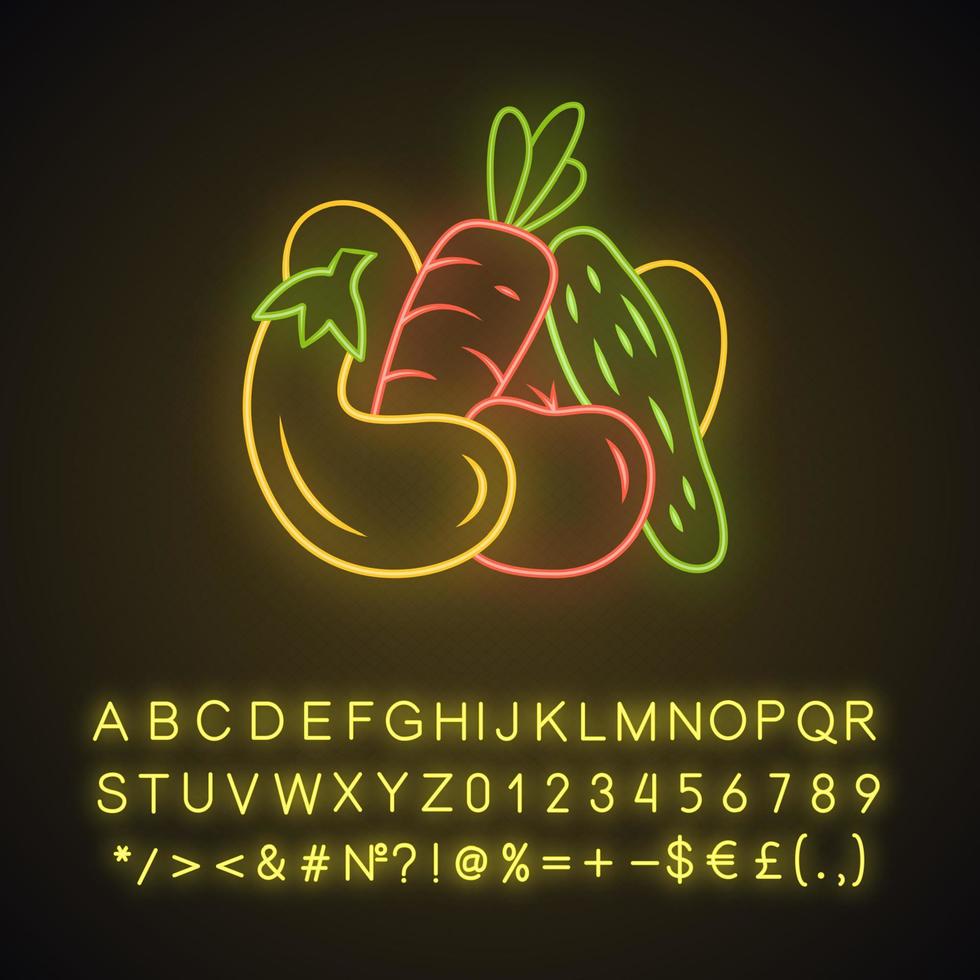 Vegetables neon light icon. Cucumber, tomato, carrot. Healthy nutrition. Vegetarian, vegan food. Agriculture plants. Glowing sign with alphabet, numbers and symbols. Vector isolated illustration