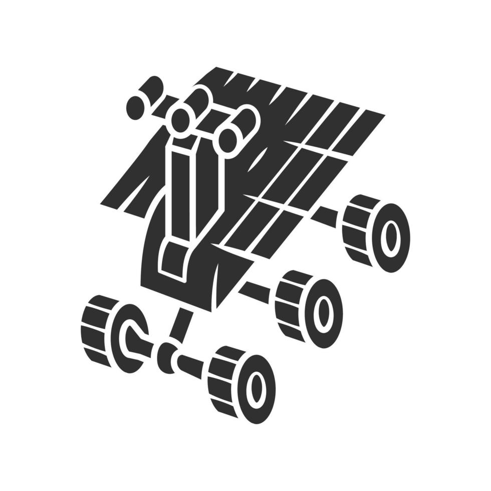 Space robot glyph icon. Moon rover. Moonwalker. Self-propelled machine. Apparatus for studying planets surface. Space exploration. Silhouette symbol. Negative space. Vector isolated illustration