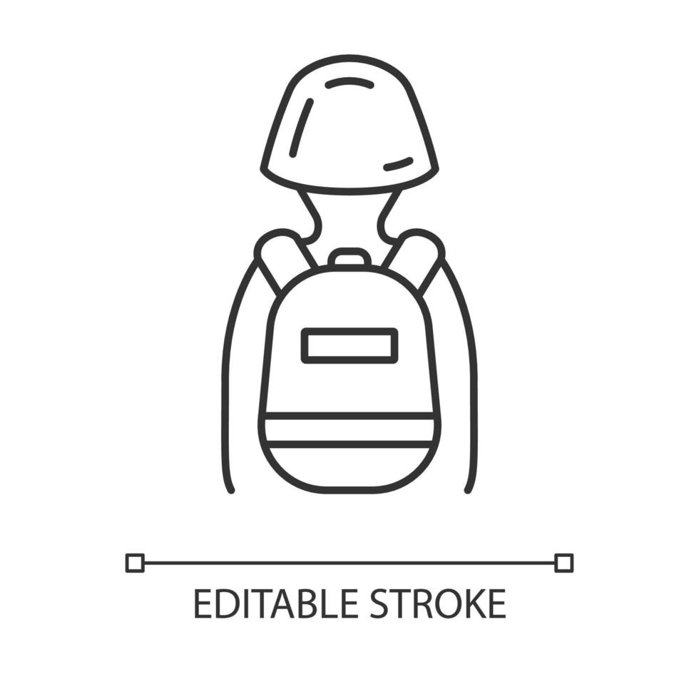 Game soldier with tactical backpack linear icon. Player with game inventory. Warrior, soldier in helmet and rucksack. Thin line illustration. Contour vector isolated outline drawing. Editable stroke