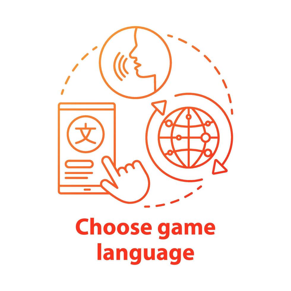 Choose game language red gradient concept icon. Select quest translation idea thin line illustration. Multilingual communication. Different linguistic features. Vector isolated outline drawing