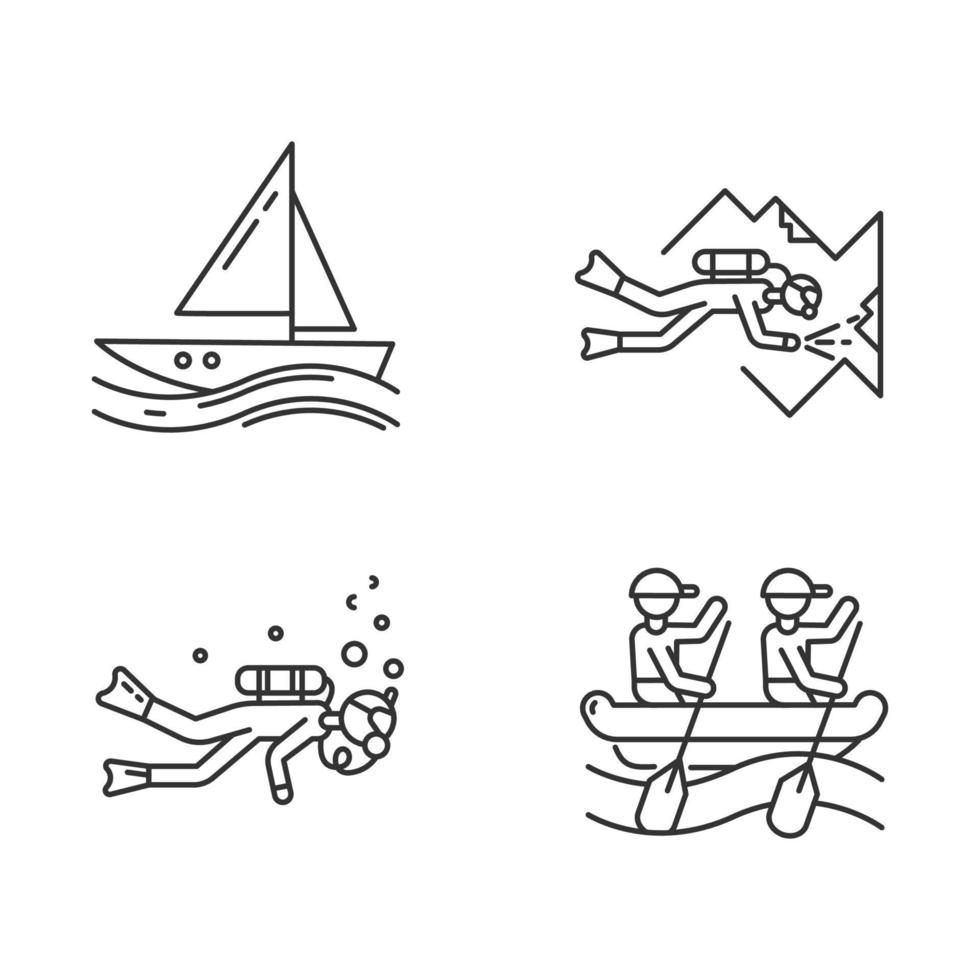 Watersports linear icons set. . Cave diving, sailing and rafting. Extreme kinds of sport. Summer activities .Thin line contour symbols. Isolated vector outline illustrations. Editable stroke