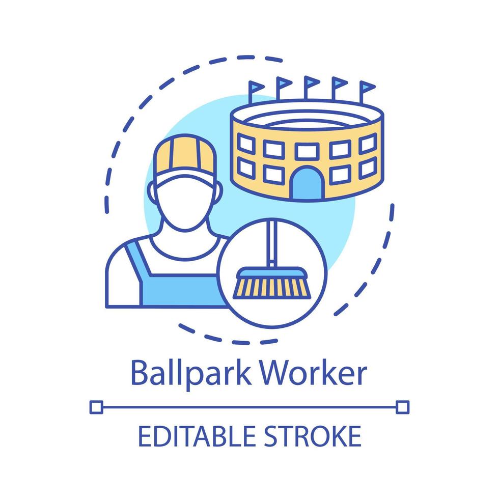 Ballpark worker concept icon. Field stadium staff, personnel idea thin line illustration. Cleaner, janitor. Cleaning and maintaining building. Vector isolated outline drawing. Editable stroke