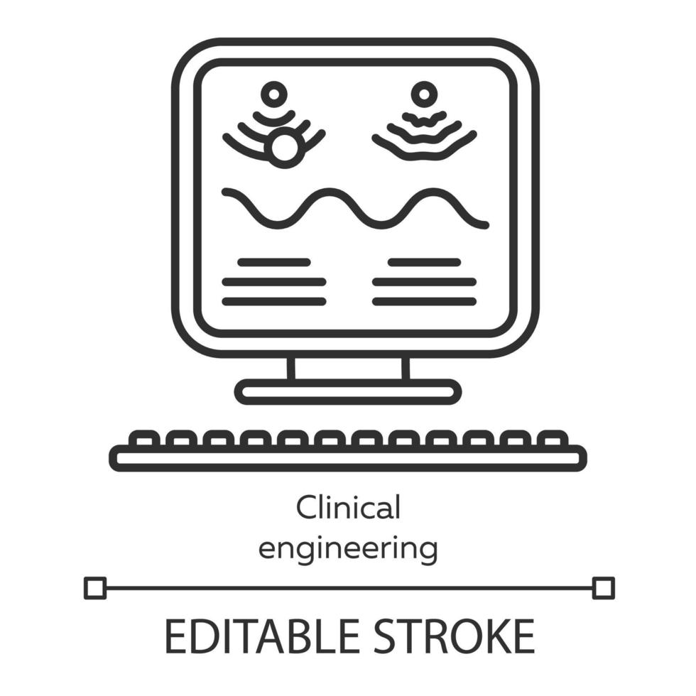 Clinical engineering linear icon. Healthcare technology. Medical computer examination. Bioengineering. Thin line illustration. Contour symbol. Vector isolated outline drawing. Editable stroke