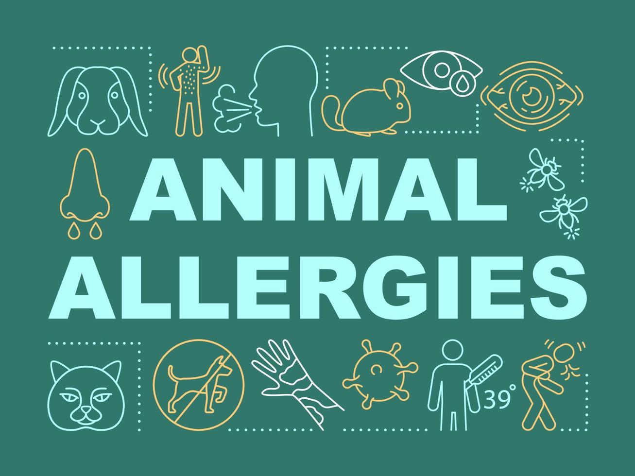 Animal allergies word concepts banner. Allergic reaction to insect stings, pets fur, saliva, dander. Presentation, website. Isolated lettering typography idea with icons. Vector outline illustration