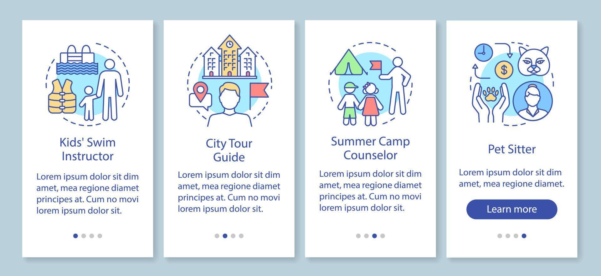 Summer part-time jobs onboarding mobile app page screen with linear concepts. Swim instructor, tour guide walkthrough steps graphic instructions. UX, UI, GUI vector template with illustrations