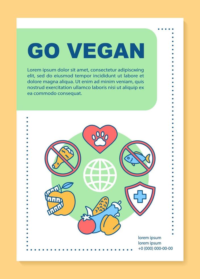 Healthy lifestyle brochure template layout. Go vegan motivational flyer, booklet, leaflet print design with linear illustrations. Vector page layouts for magazines, annual reports, advertising posters