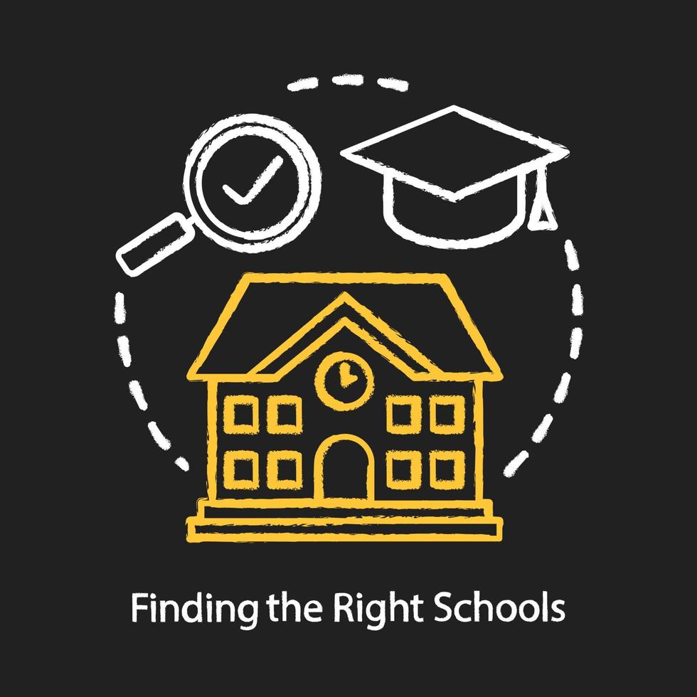 Finding good schools chalk concept icon. Choosing educational institutions, campus location idea. School choice, college, university selection. Vector isolated chalkboard illustration