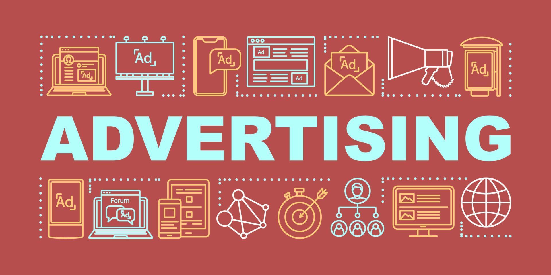 Advertising word concepts banner. Services, brand promotion. Digital marketing strategy. Presentation, website. Isolated lettering typography idea with linear icons. Vector outline illustration
