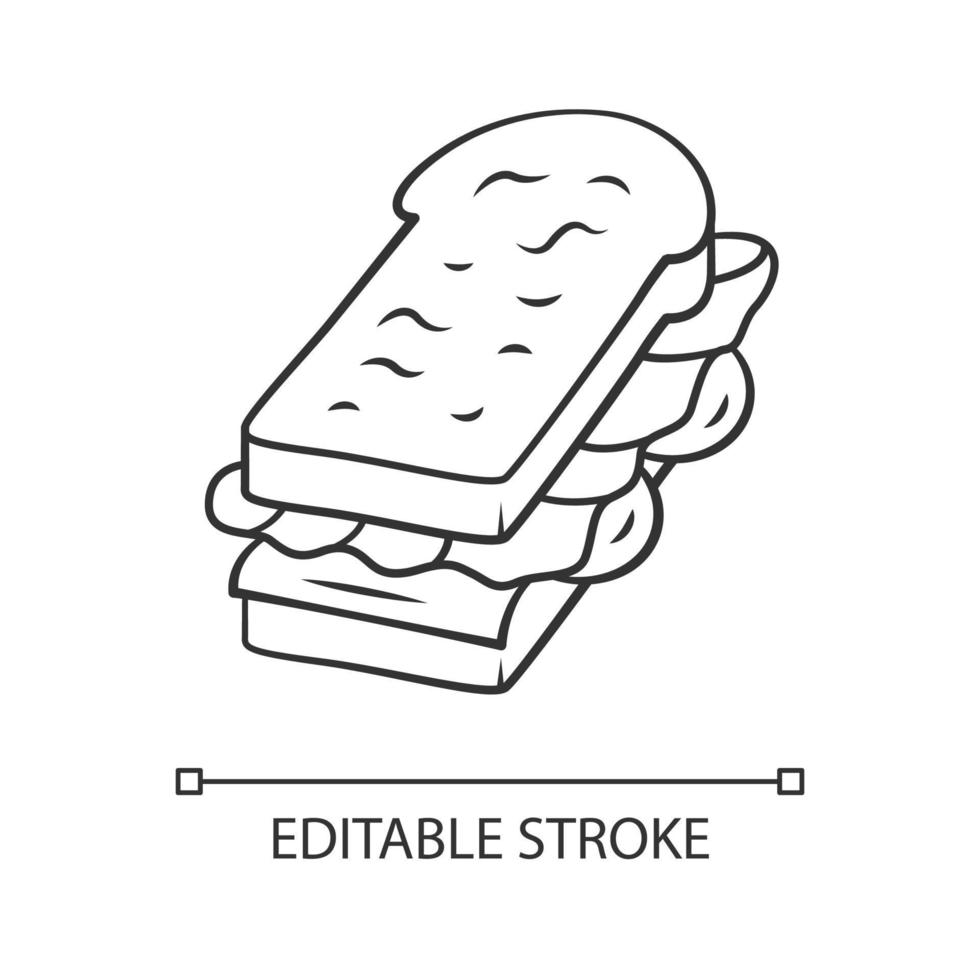 Sandwich linear icon. Fast food, breakfast, school lunch. Toasted bread. Cafe, restaurant snack, appetizer. Thin line illustration. Contour symbol. Vector isolated outline drawing. Editable stroke