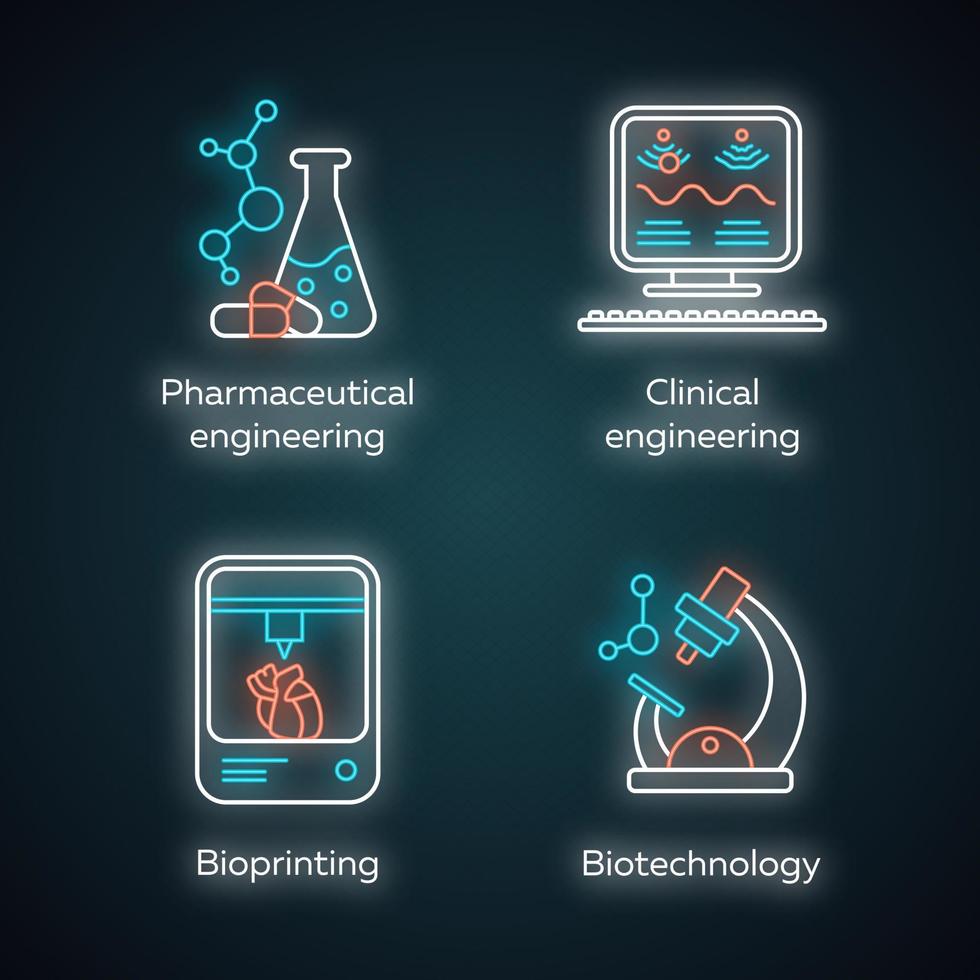 Bioengineering neon light icons set. Medical technologies research and treatment. Pharmaceutical and clinical engineering, bioprinting, biotechnology. Glowing signs. Vector isolated illustrations
