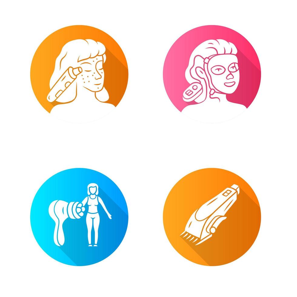 flat design long shadow glyph icons set. Blackhead remover, therapy facial mask, body massager and shaving machine. Cosmetology instruments. Beauty electric tools. Vector silhouette illustration