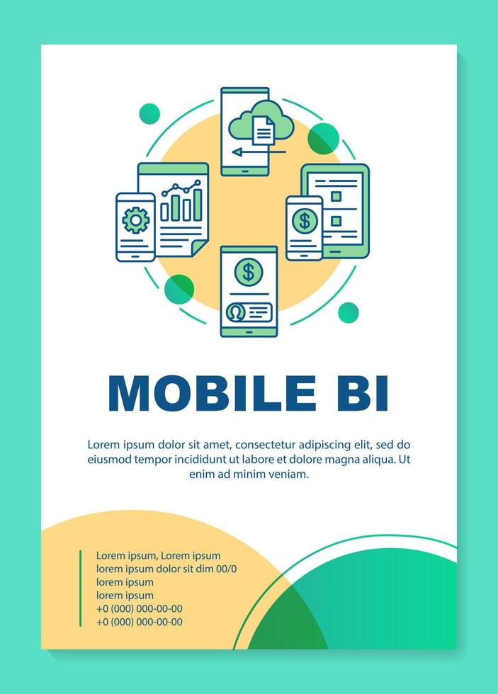 Mobile BI poster template layout. Business Intelligence. Mobile data analyzing. Banner, booklet, leaflet print design with linear icons. Vector brochure page layout for magazines, advertising flyers