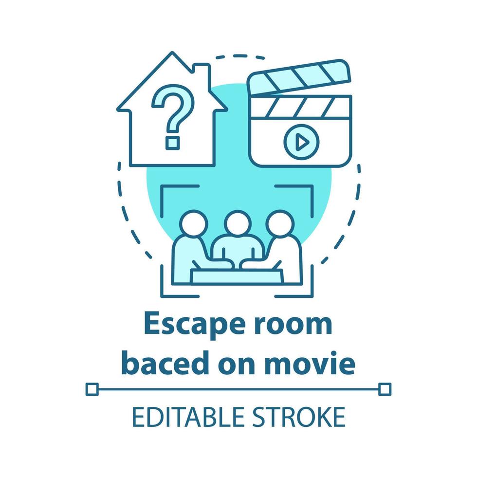 Escape room based on movies concept icon. Film theme quest idea thin line illustration. Strategy teamwork game. Team solving problem. Vector isolated outline drawing. Editable stroke .