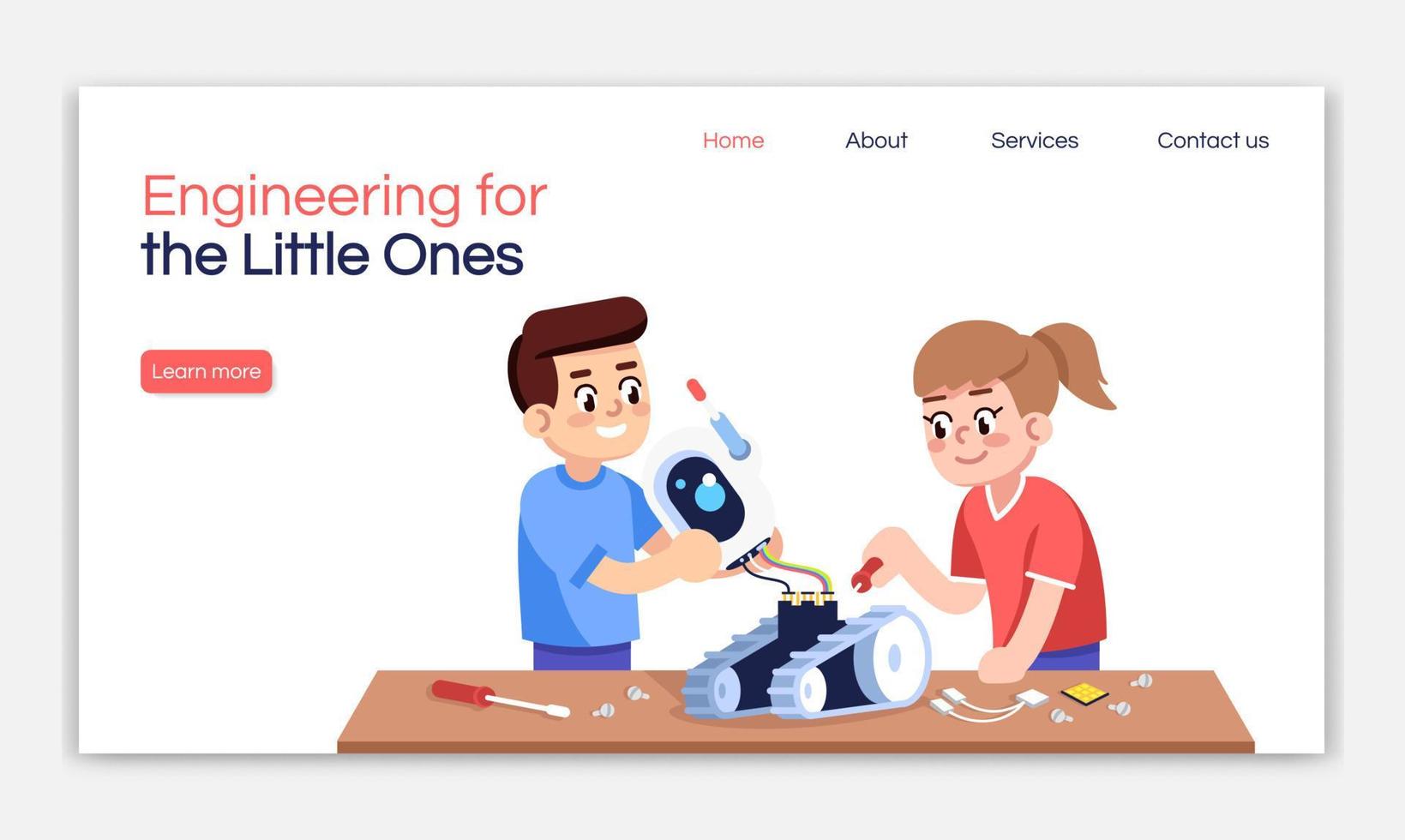 Engineering for little ones landing page vector template. Robotics courses website interface idea with flat illustrations. Electronic constructor homepage layout. Web banner, webpage cartoon concept
