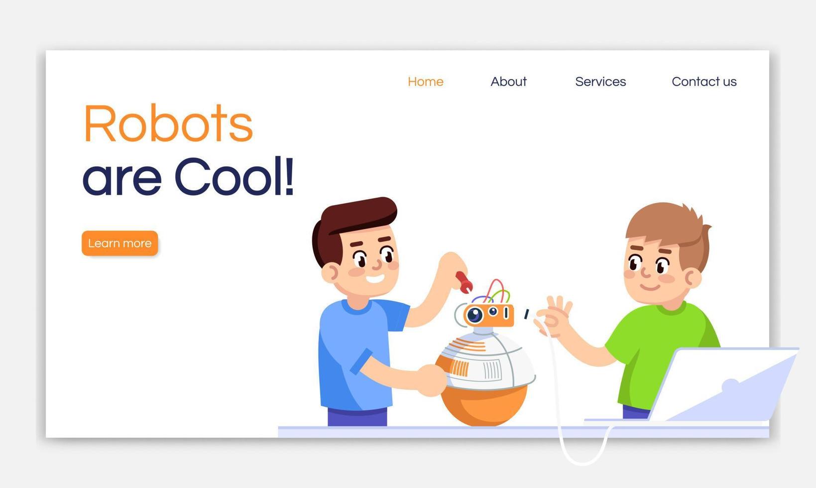 los robots son una plantilla de vector de página de destino genial. idea de interfaz de sitio web de cursos de robótica para niños con ilustraciones planas. diseño de la página de inicio del club después de la escuela. banner web, concepto de dibujos animados de página web