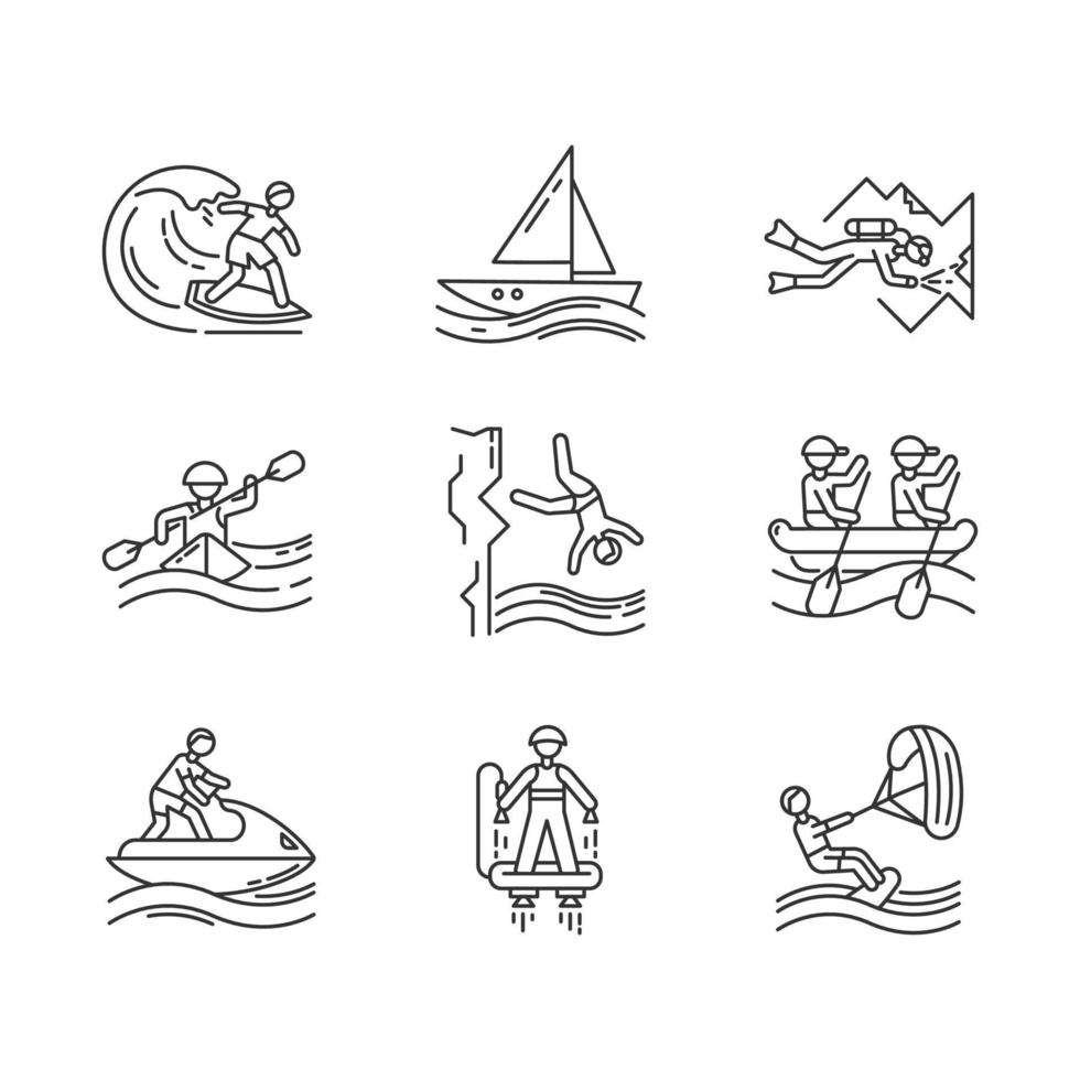 Watersports linear icons set. Cave diving, surfing, flyboarding and sailing. Extreme kinds of sports.Thin line contour symbols. Isolated vector outline illustrations. Editable stroke