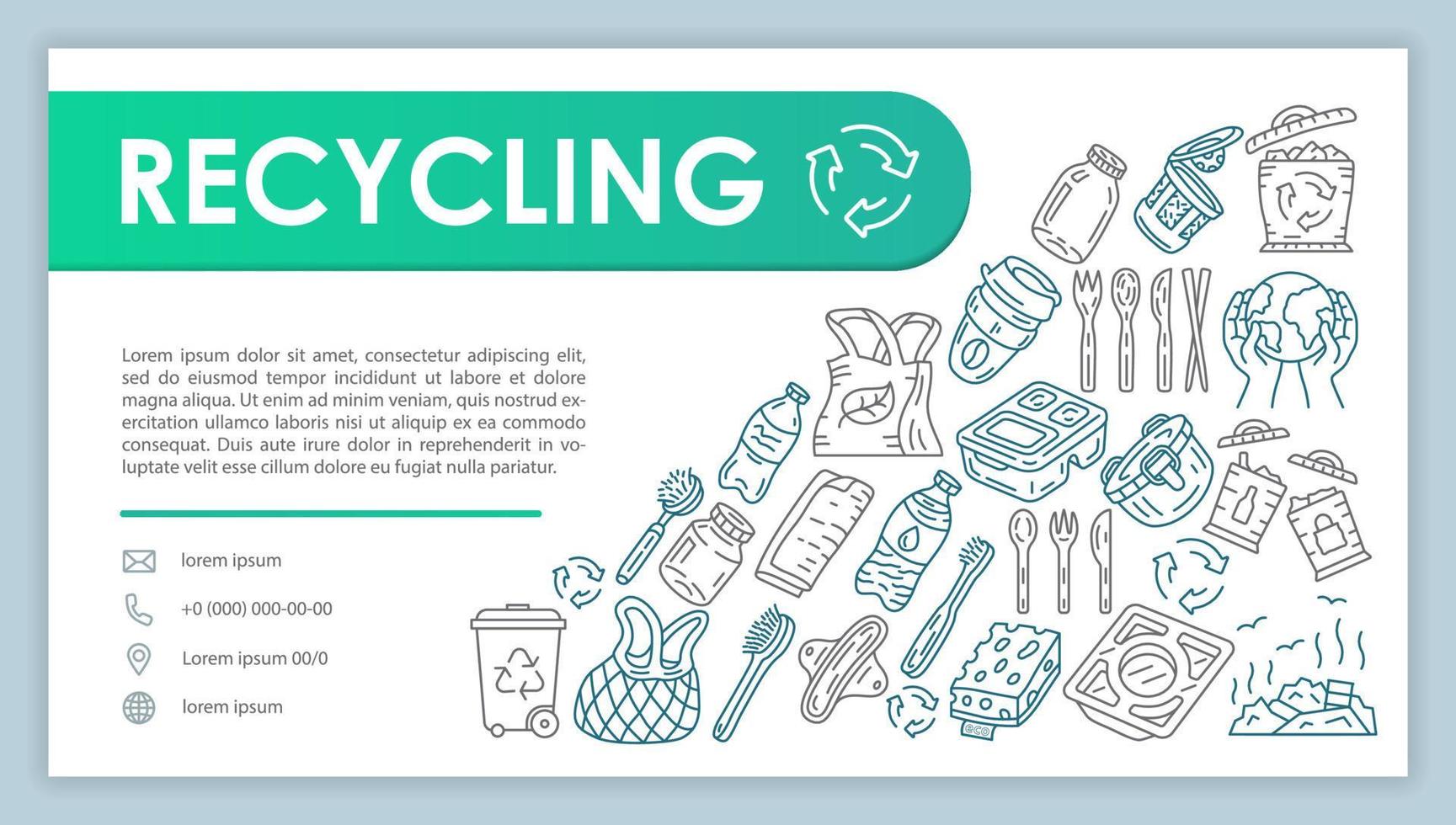 Recycling web banner, business card vector template. Company contact page with phone, email linear icons. Ecology protection presentation, web page idea. Waste reuse corporate print design layout