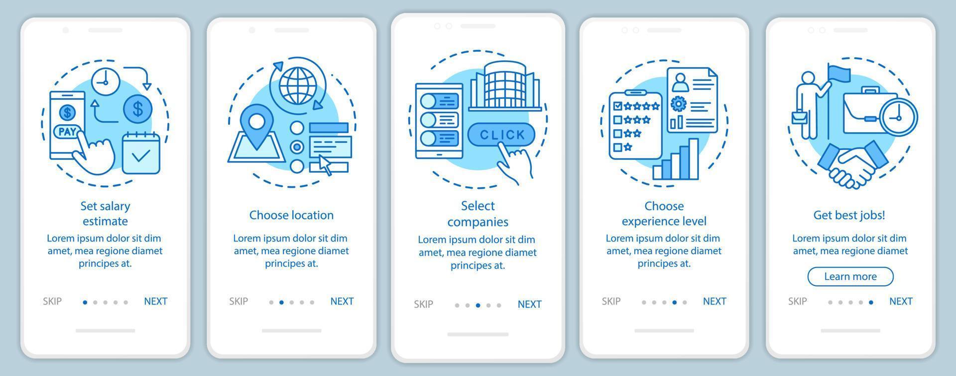 búsqueda de trabajos a tiempo parcial pantalla de página de aplicación móvil de incorporación azul con conceptos lineales. seleccione empresas, obtenga instrucciones gráficas de los pasos del recorrido del trabajo. ux, ui, plantilla vectorial gui con ilustraciones vector