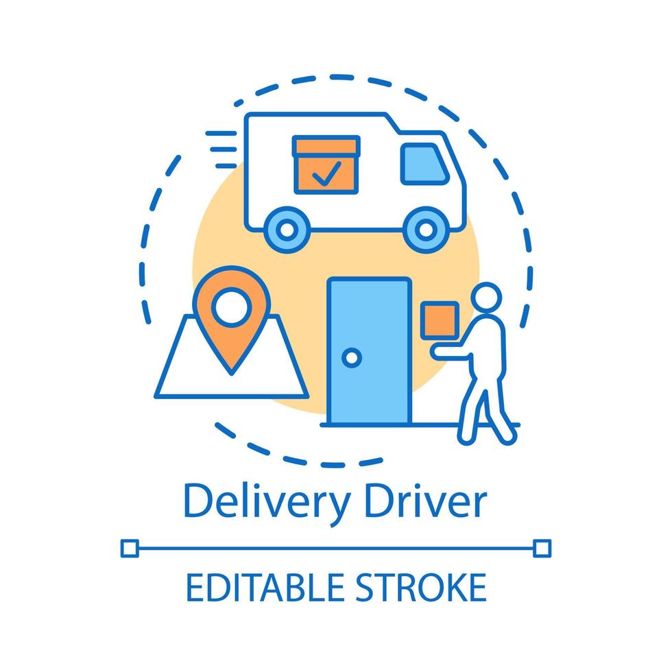 Delivery driver concept icon. Service worker idea thin line illustration. Express shipment, distribution. Delivery vehicle, truck. Cargo shipping. Vector isolated outline drawing. Editable stroke