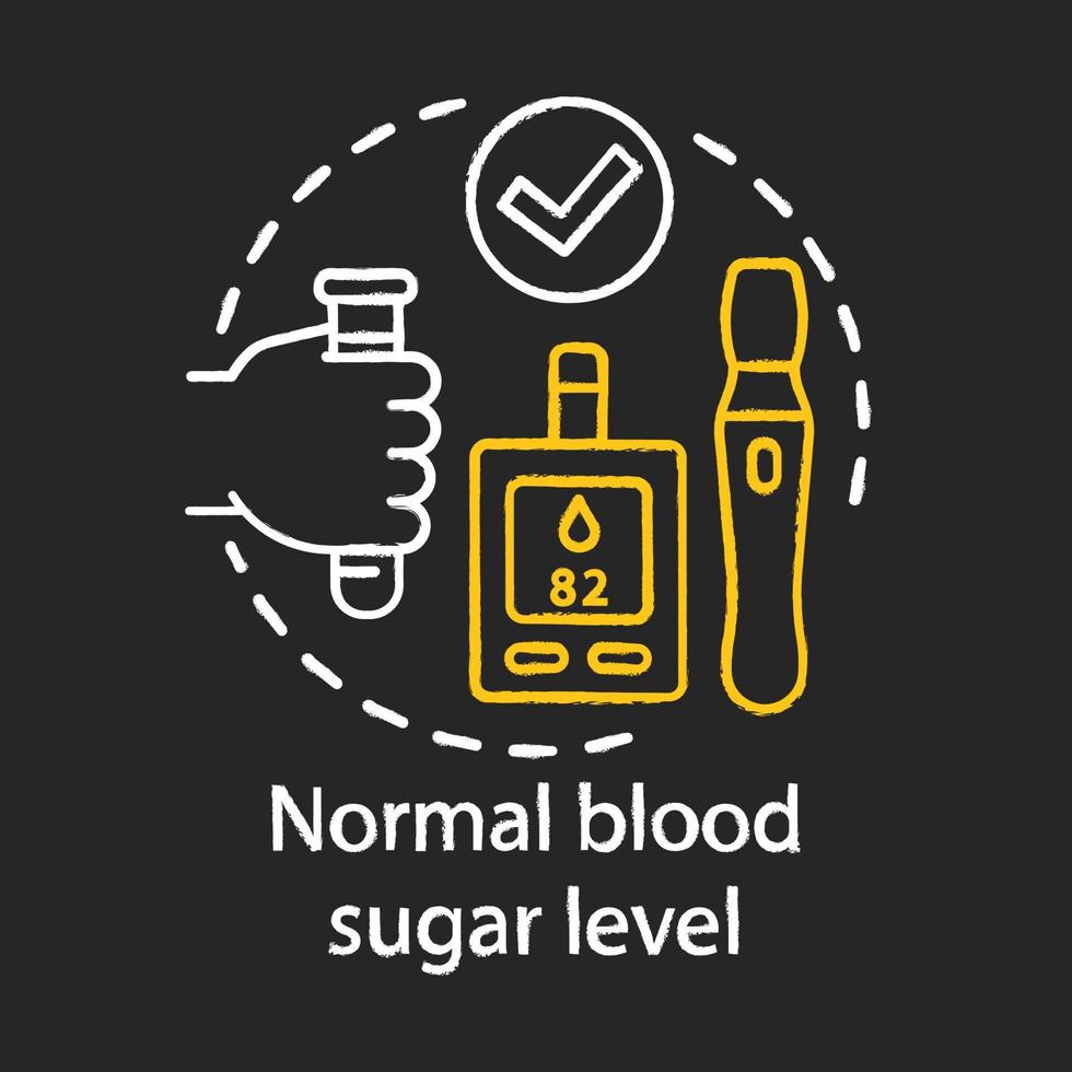 Normal blood sugar level chalk concept icon. Healthy lifestyle idea. Glucometer and insulin pen vector isolated chalkboard illustration. Chronic diabetes, hypoglycemia medical treatment