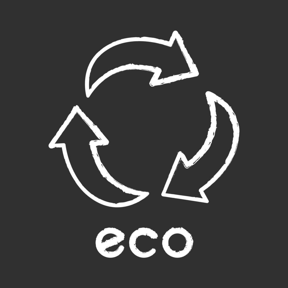 Eco label chalk icon. Three curved arrow signs. Recycle symbol. Alternative energy. Environmental protection sticker. Eco friendly chemicals. Organic cosmetics. Isolated vector chalkboard illustration