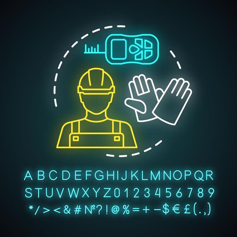Construction worker neon light icon. Builder, laborer. Repair, maintenance employee. Hard hat worker, handyman. Glowing sign with alphabet, numbers and symbols. Vector isolated illustration