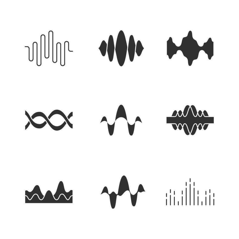 Sound and audio waves glyph icons set. Silhouette symbols. Voice recording, radio signal waveforms. Digital soundwaves. Melody amplitudes levels. Dj equalizer frequency. Vector isolated illustration