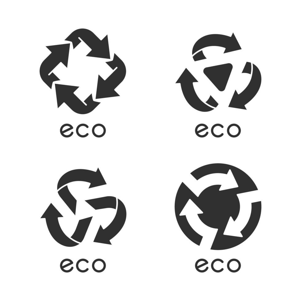Eco labels glyph icons set. Arrows signs. Recycle symbols. Alternative energy. Environmental protection emblems. Organic products. Eco friendly chemicals. Silhouette symbols. Vector illustration