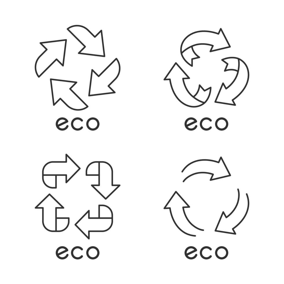 conjunto de iconos lineales de etiquetas ecológicas. signos de flechas. símbolos de reciclaje. energía alternativa. pegatinas de protección del medio ambiente. símbolos de contorno de línea delgada. ilustraciones aisladas de contorno vectorial. trazo editable vector