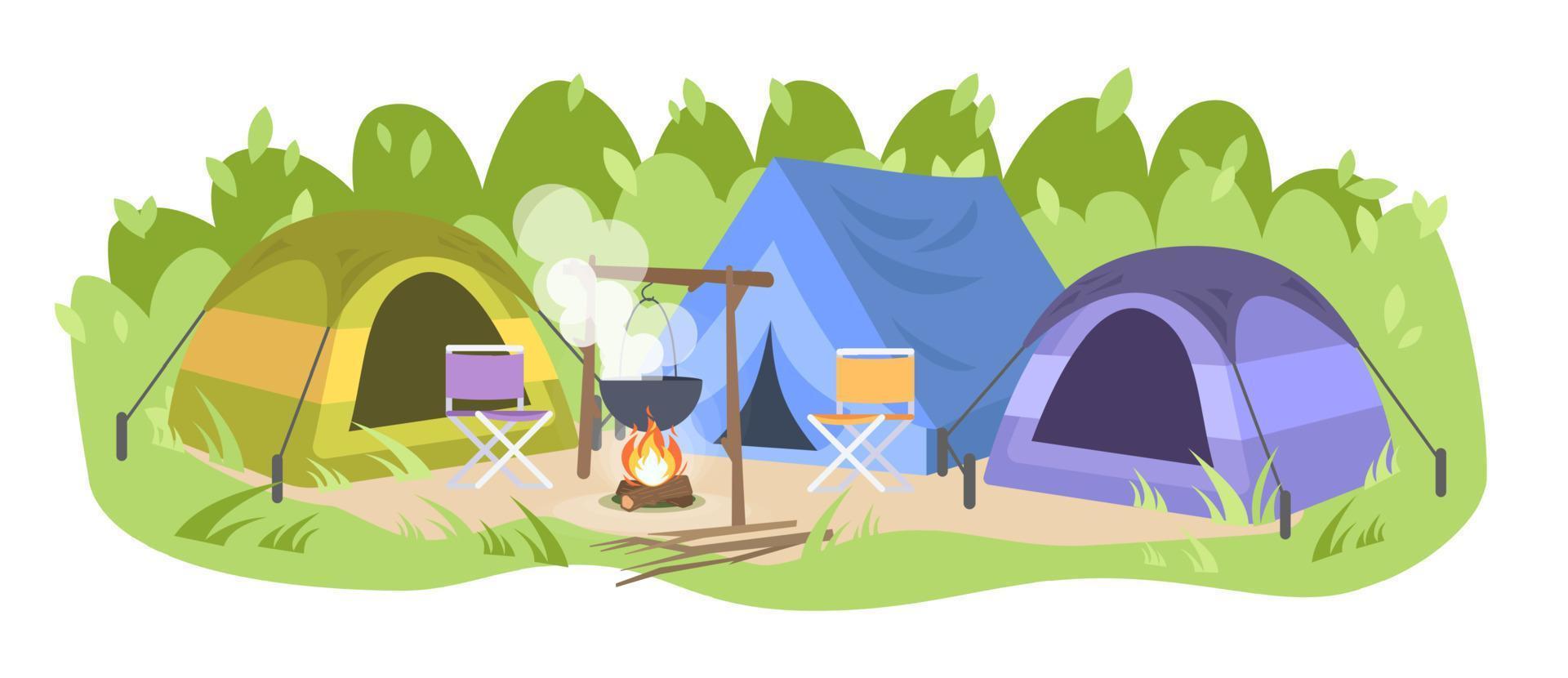 Campsite with no people flat vector illustration. Forest camp, tents chairs and camping pot. Landscape tourism. Cooking food on bonfire, outdoor picnic. Empty campground isolated on white background