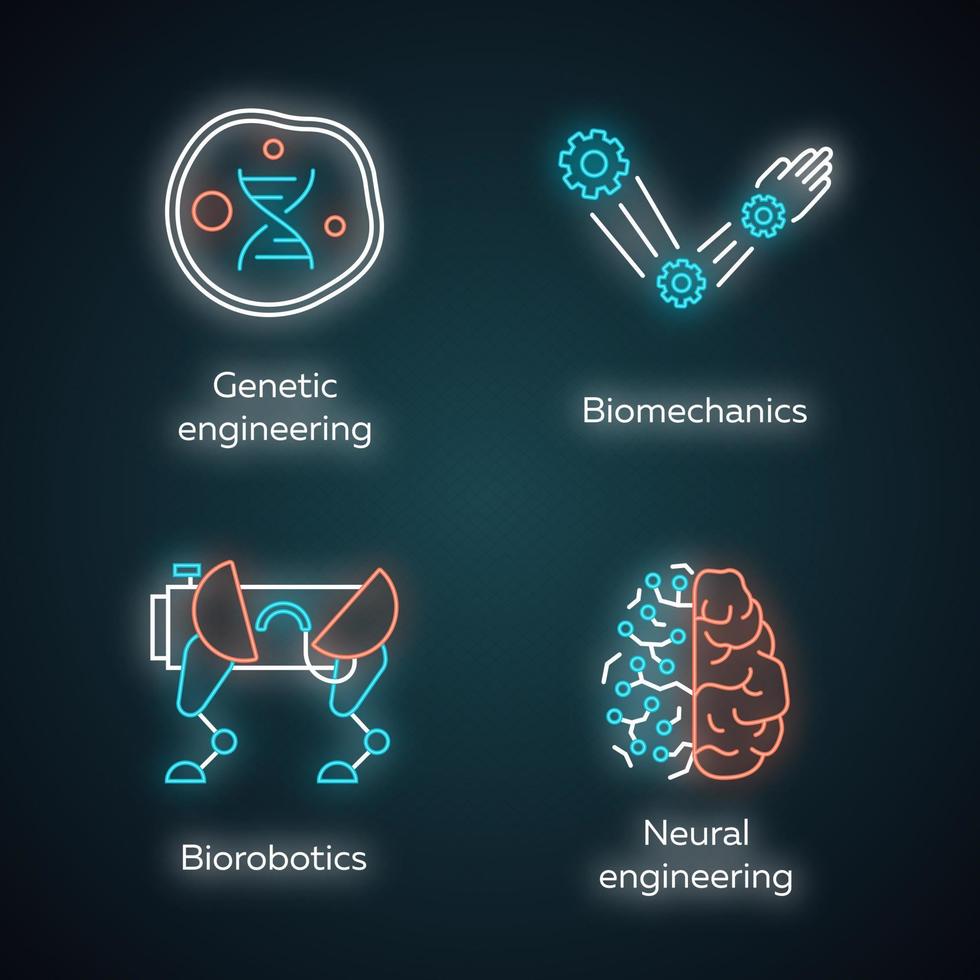 Bioengineering neon light icons set. Changing and creating organisms. Genetic engineering, biomechanics, biorobotics, neural engineering. Biotechnology. Glowing signs. Vector isolated illustrations