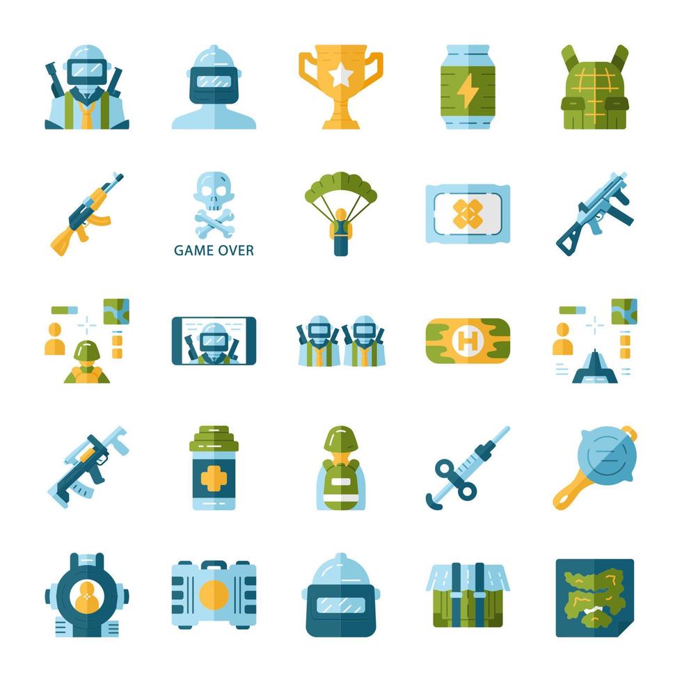 Online game inventory flat design long shadow color icons set. Shooter from first person. Online multiplayer. Esports, cybersports equipment. Computer, video game tool. Vector silhouette illustrations