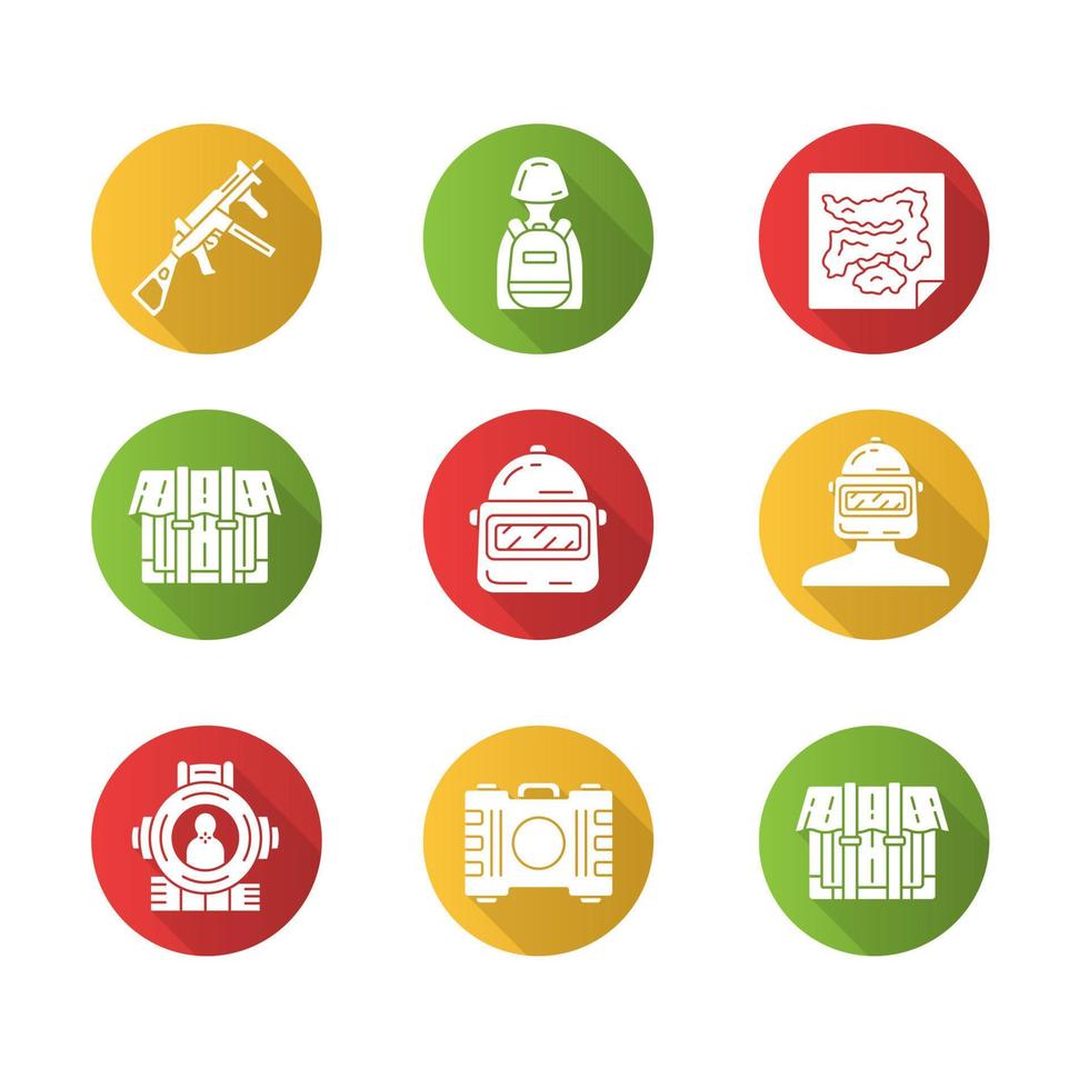 Online game inventory flat design long shadow glyph icons set. Weapon, tactical backpack, map, package. Protective helmet, shooting aim, container. Shooter game. Vector silhouette illustration