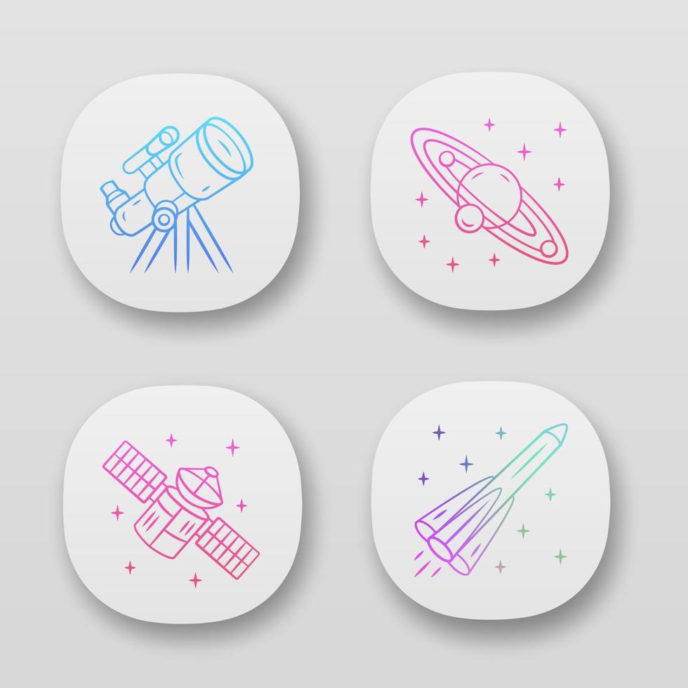 conjunto de iconos de aplicaciones de astronomía. exploración espacial. telescopio, sistema solar, satélite artificial, cohete. astrofísica. interfaz de usuario ui ux. aplicaciones web o móviles. Ilustraciones de vectores aislados