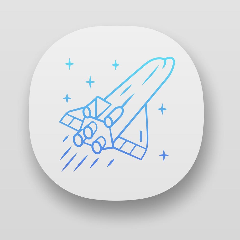 Spaceship app icon. Flying spacecraft. Aerospace vehicle. Missile, aircraft. Human spaceflight. Space exploration. UI UX user interface. Web or mobile applications. Vector isolated illustrations