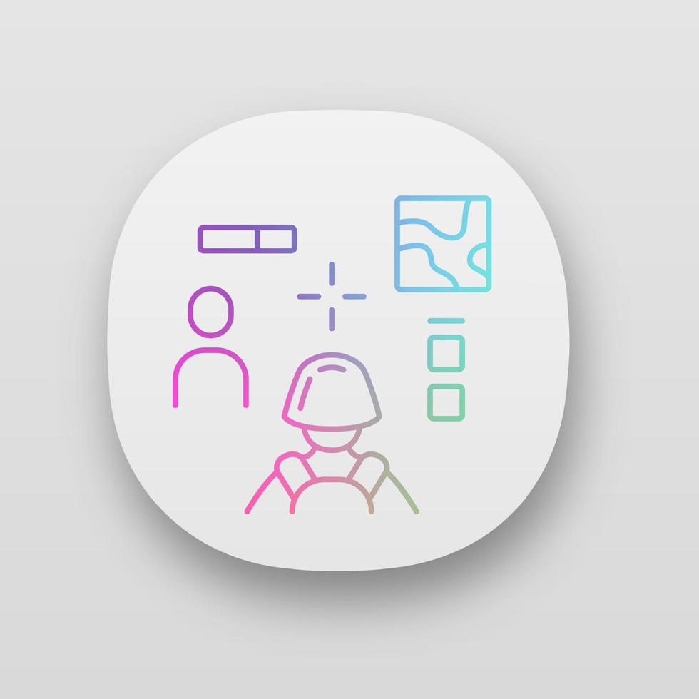 icono de la aplicación de tirador 3d. videojuego virtual. multijugador en línea. batalla real ciberdeporte, competencia de esport. interfaz de juego de computadora. interfaz de usuario ui ux vector