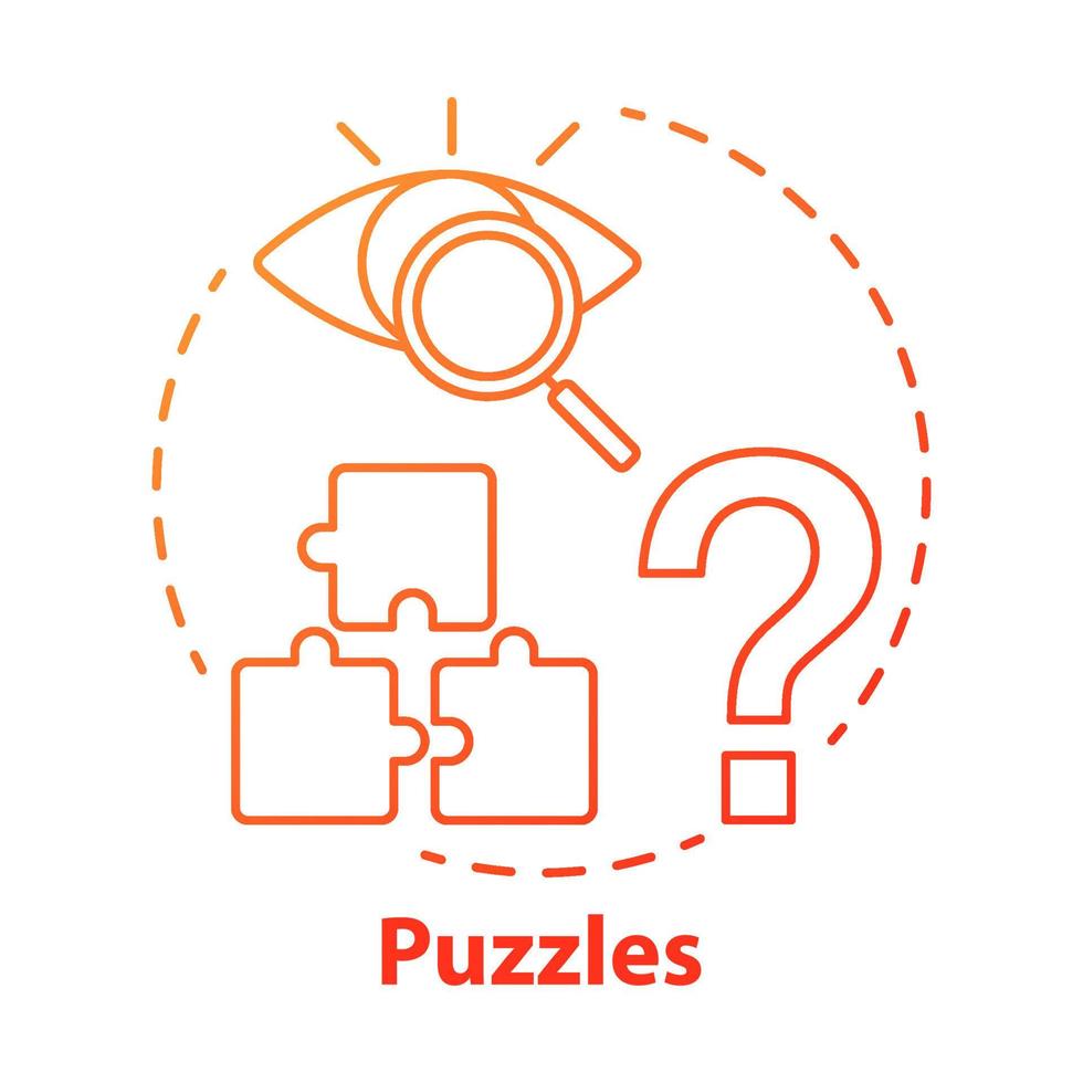 Puzzles red gradient concept icon. Quest game idea thin line illustration. Looking for answer, clues. Jigsaw parts. Solving problem, searching solution. Vector isolated outline drawing