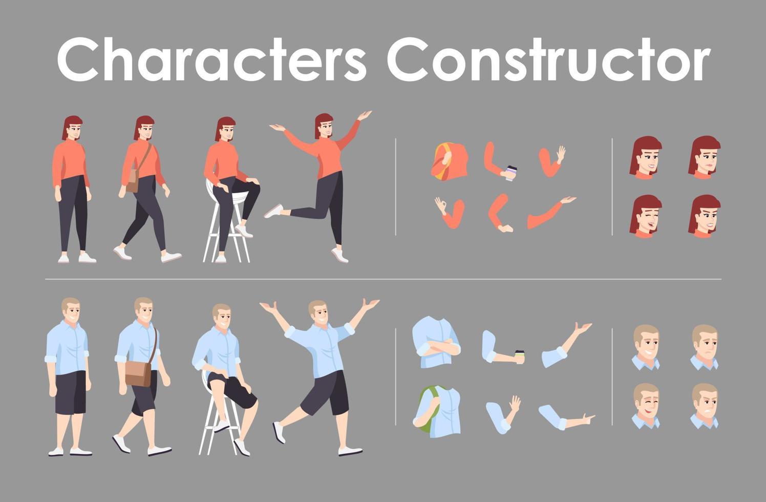 People in casual clothes front view animated flat vector characters design set. Character animation creation cartoon pack. Man, woman constructor with various face emotion, body poses, hand gestures