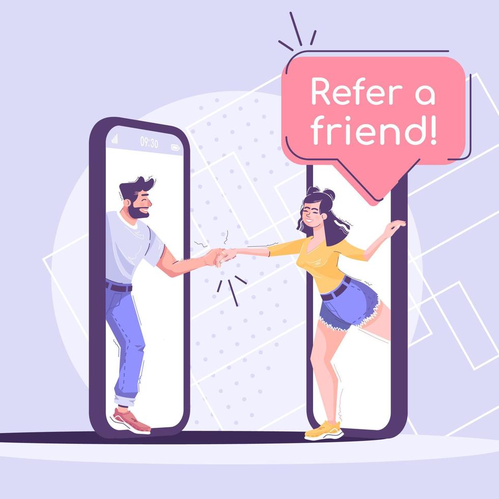 Referral program social media post mockup. Advertising web banner design template. Social media booster, content layout. Promotion poster, print ads with flat illustrations. Friends holding hands. vector