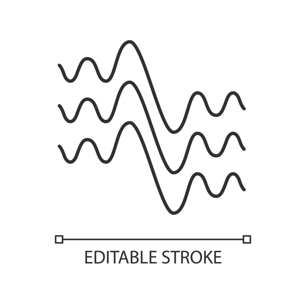 Flowing wavy lines linear icon. Thin line illustration. Fluid parallel soundwaves. Sound and audio waves. Abstract organic waveforms. Contour symbol. Vector isolated outline drawing. Editable stroke
