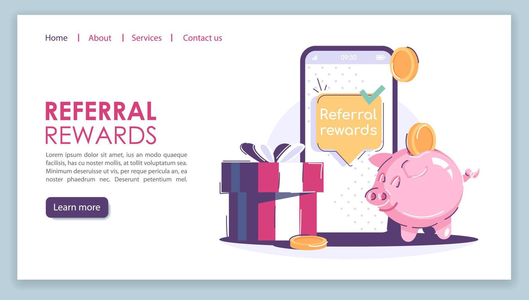 Referral rewards program landing page vector template. Viral marketing website interface idea with flat illustrations. Company homepage layout. Advertising business web banner, webpage cartoon concept