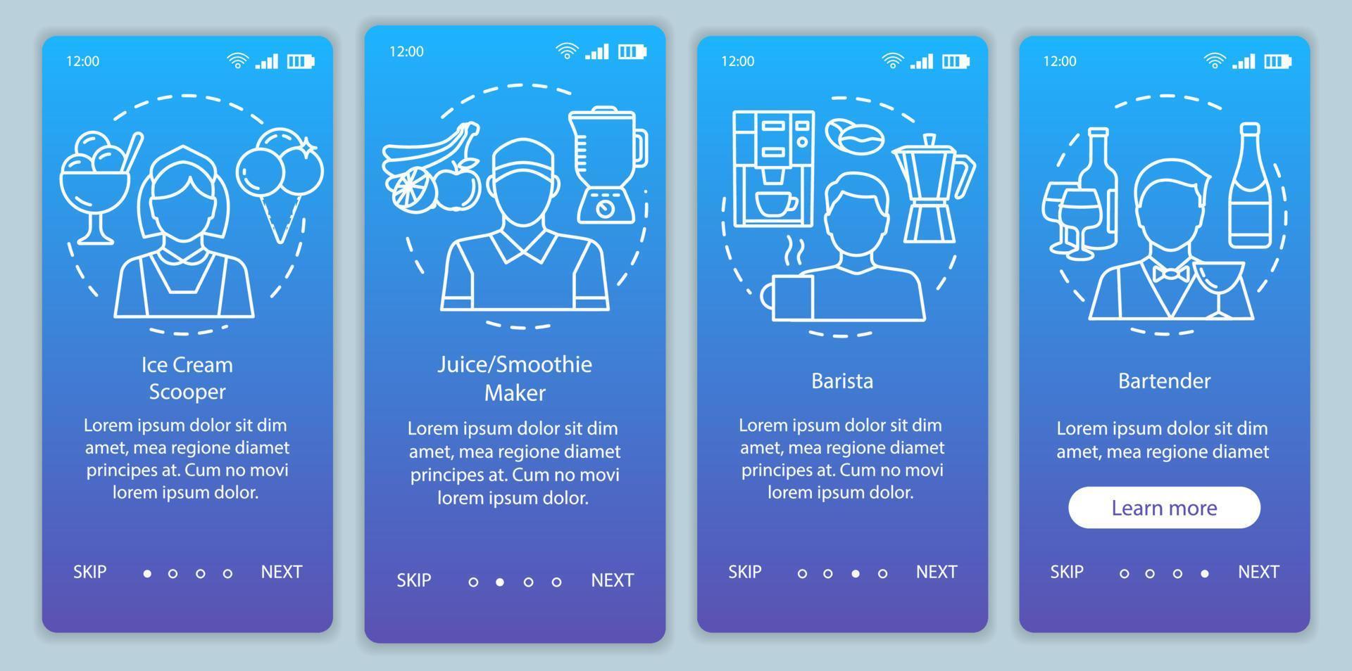 café, industria de comida rápida trabajo a tiempo parcial plantilla de vector de pantalla de página de aplicación móvil de incorporación azul. paso a paso del sitio web con ilustraciones lineales. ux, ui, concepto de interfaz de teléfono inteligente gui